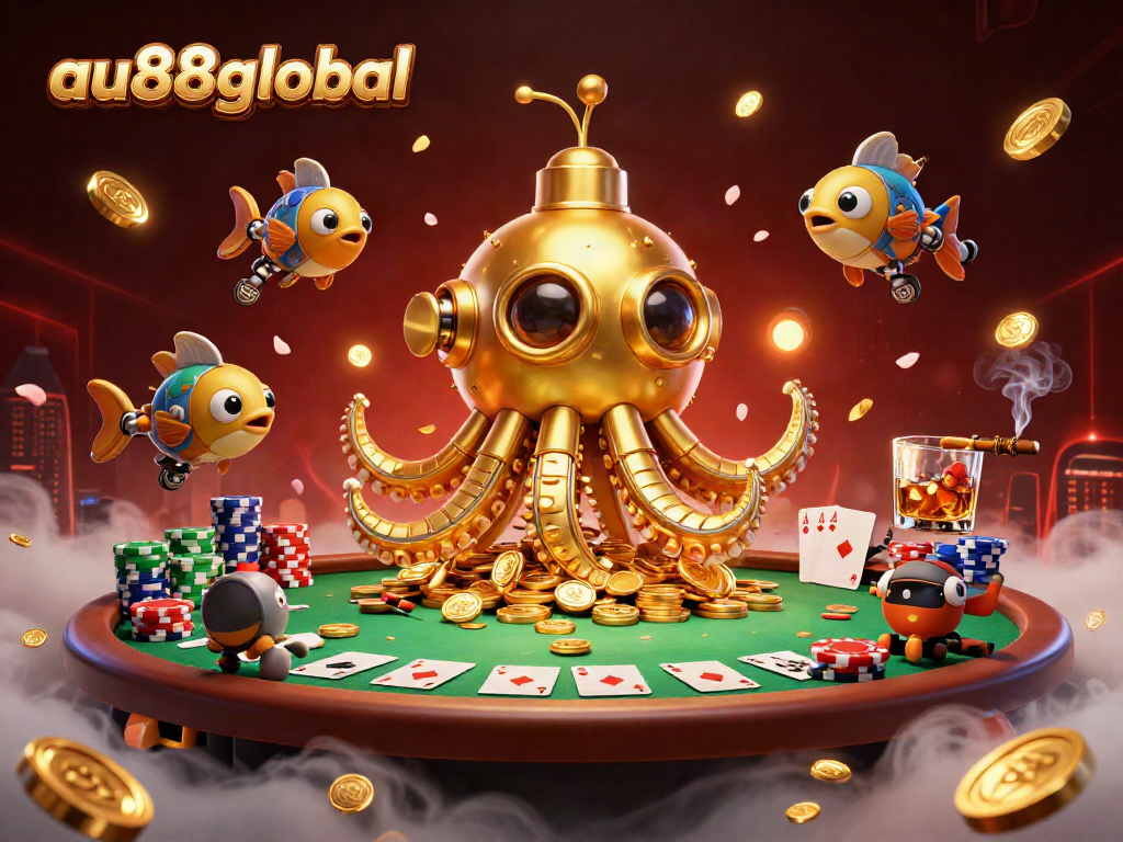Experience thrilling casino action with au88global showcased in a vibrant 3D scene featuring a golden kraken and poker elements.