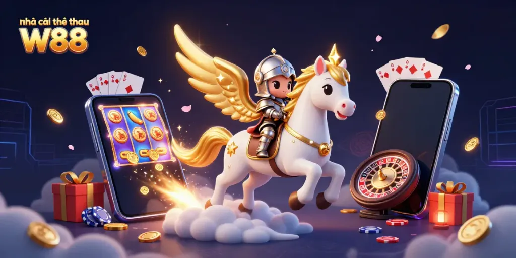 Experience thrilling games at Nhà cái thể thao W88 with 3D horse and vibrant gambling elements