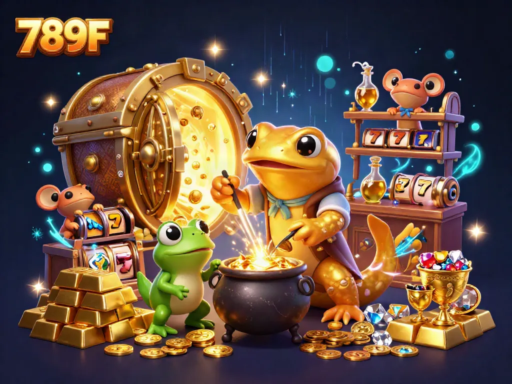 Engage in thrilling gameplay at 789F with a vibrant 3D casino scene showcasing gold and jewels.