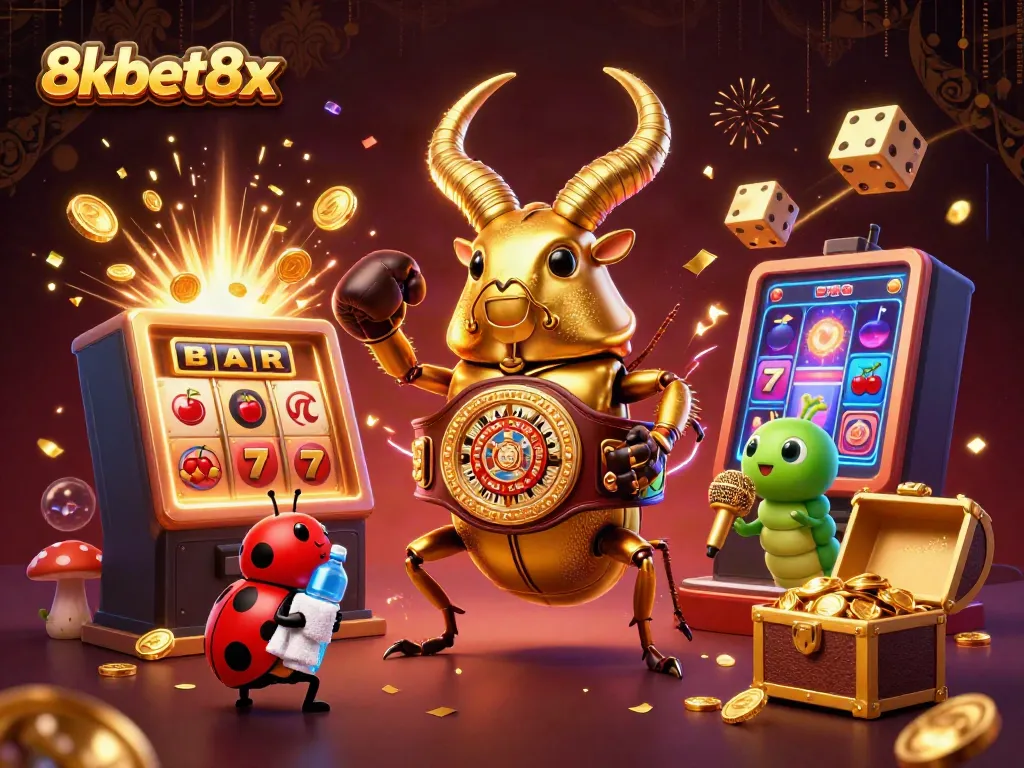 Engage in thrilling games at 8xbet8x with vibrant graphics of a giant stag beetle champion and dynamic casino elements.
