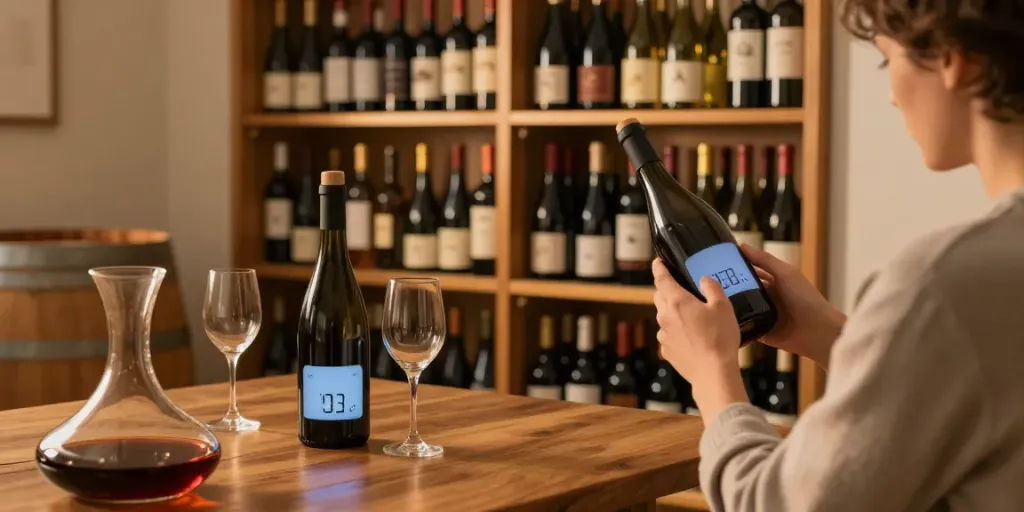 Wein-App: Fotografieren einer Flasche in einem gemütlichen Weinkeller mit optimaler Lagerung.