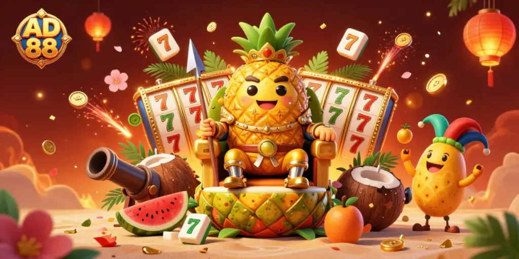 Experience a vibrant beach casino scene with AD 88's golden pineapple king and dynamic gaming elements.