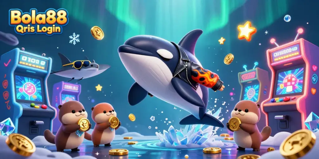 Bola88 Qris Login features thrilling combos with an orca, stingray, and otters surrounded by casino game elements.