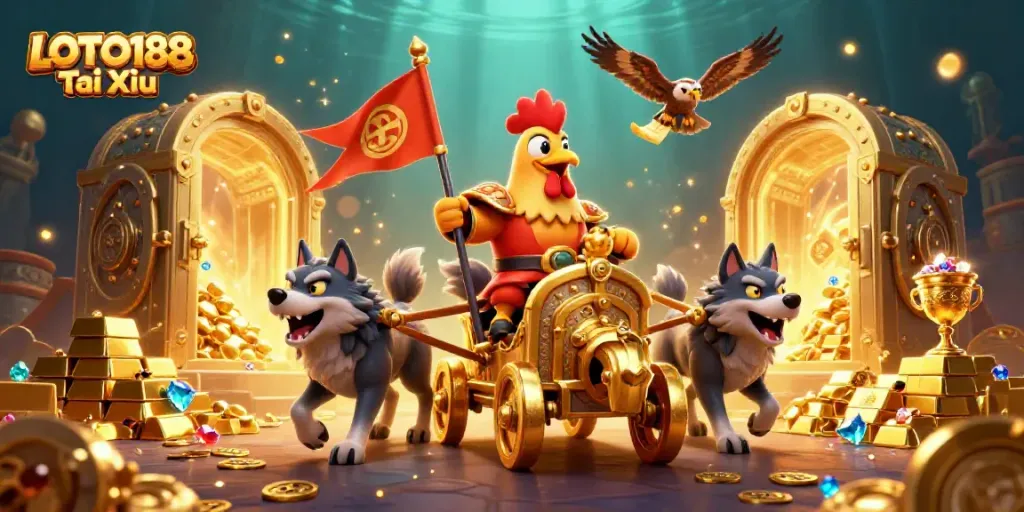 Win big with LOTO188 Tai Xiu in a vibrant digital casino scene filled with gold treasures.