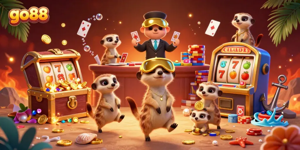 Experience excitement with go88 in a lively 3D casino run by meerkats featuring explosive treasures and slot machines.