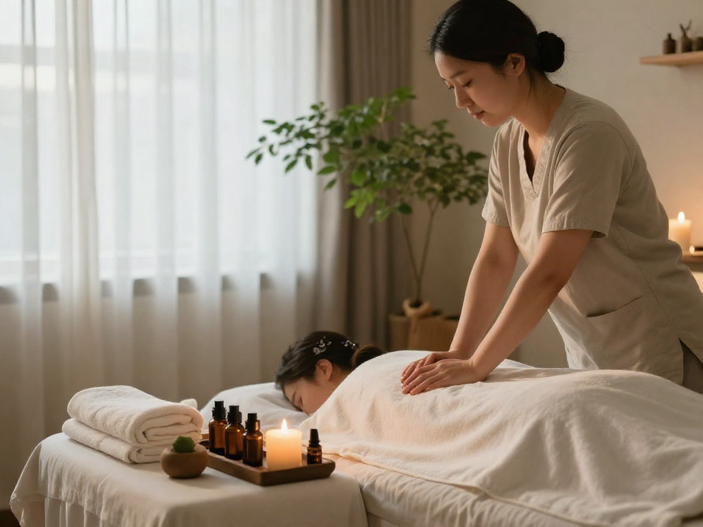 Indulging in an 인천출장안마 at a serene wellness spa with soothing ambiance and essential oils.