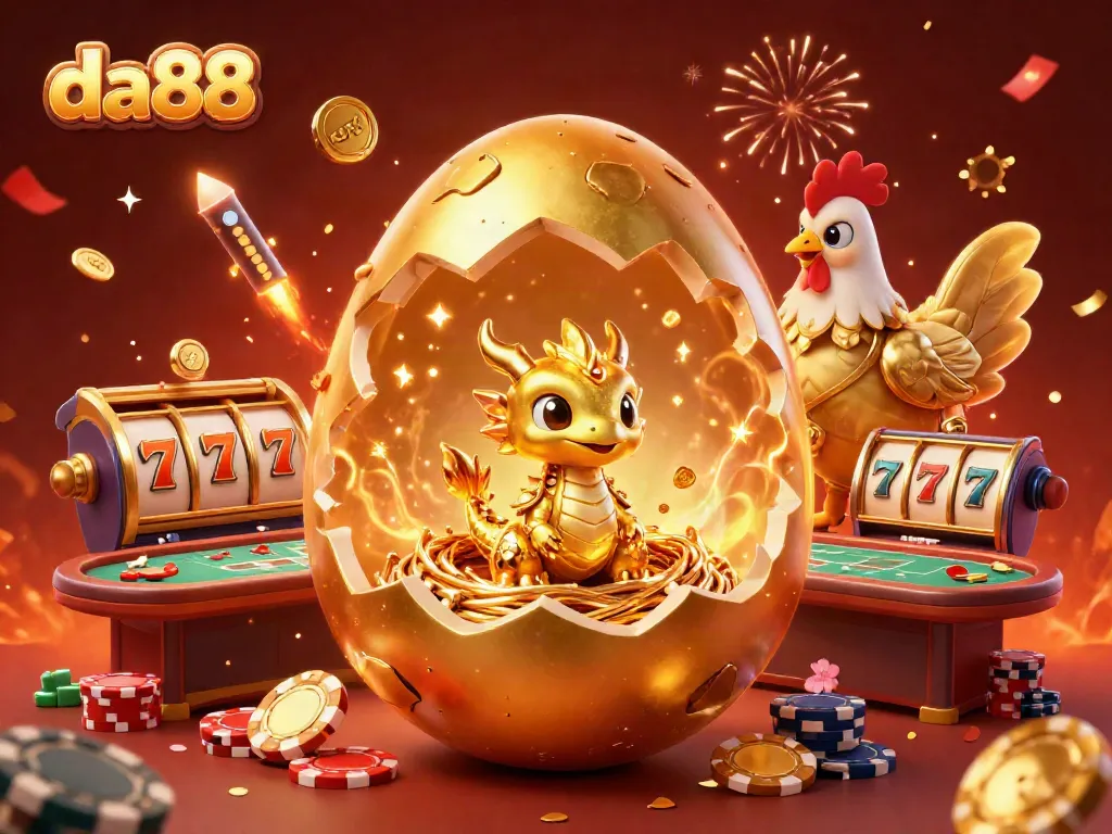 Join the excitement at da88 with a golden dragon nestled among poker chips, celebrating wins in style.