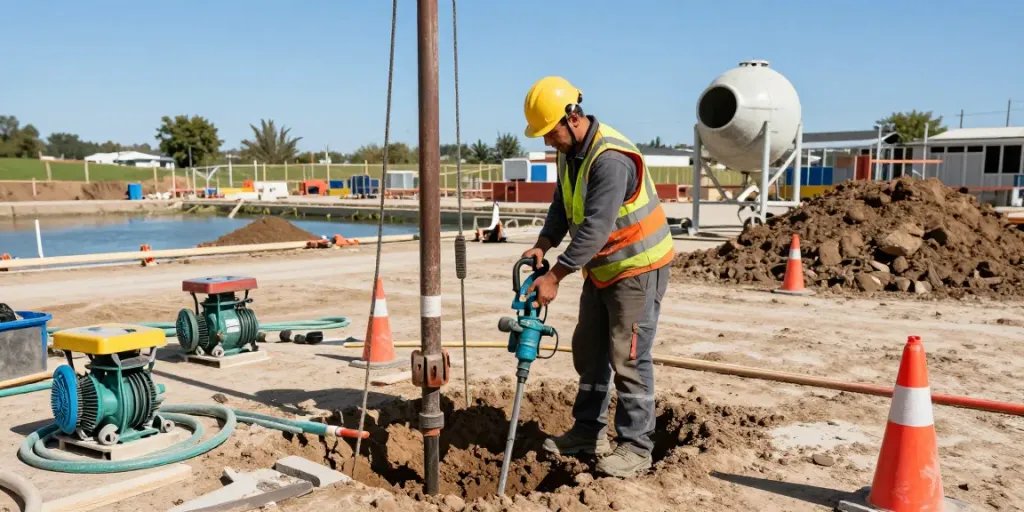 Arbeiter bohrt mit einem Brunnenbohrer an einer Baustelle, umgeben von Werkzeugen und Attributen des Brunnenbaus.