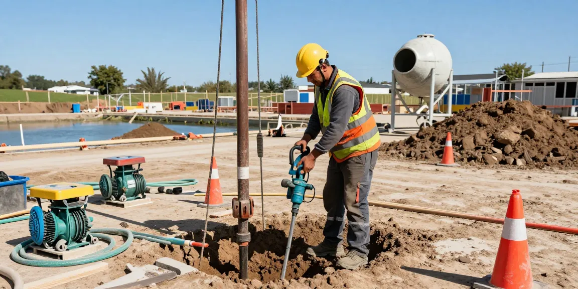 Arbeiter bohrt mit einem Brunnenbohrer an einer Baustelle, umgeben von Werkzeugen und Attributen des Brunnenbaus.