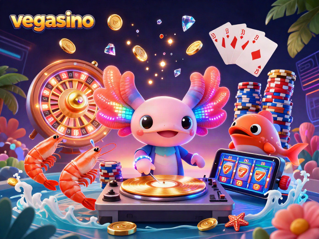 Experience excitement with vegasino's vibrant 3D casino scene featuring a neon DJ and gaming elements.