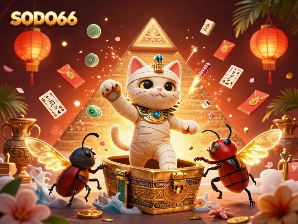 SODO66 offers a captivating gambling experience with an Egyptian mummy cat bursting from a sarcophagus in a lively casino scene.