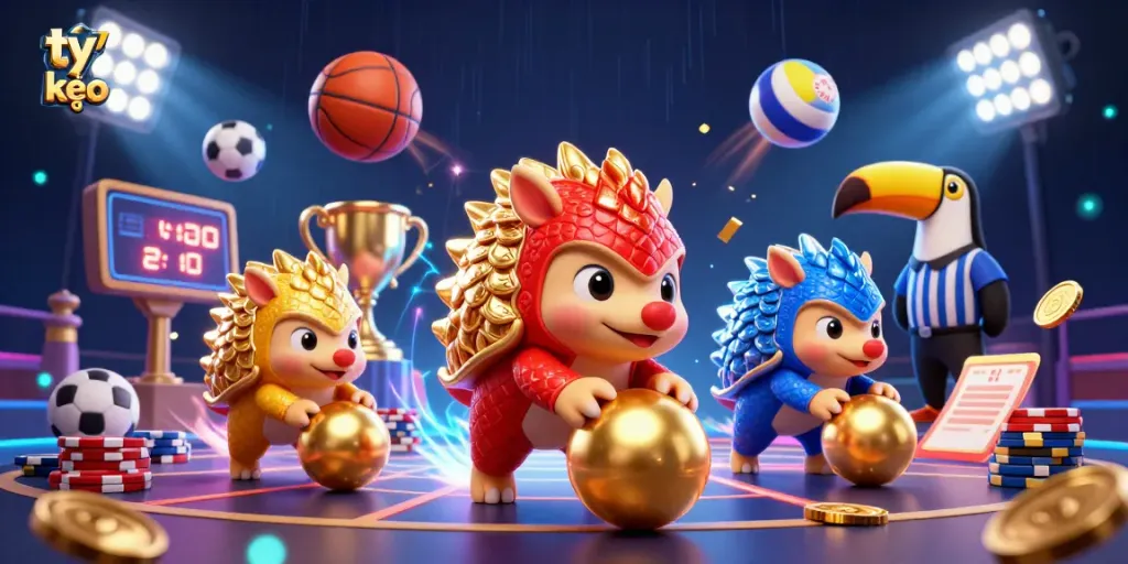 Engage with tỷ lệ kèo as rival pangolins roll into golden balls among poker chips in a vibrant casino scene.