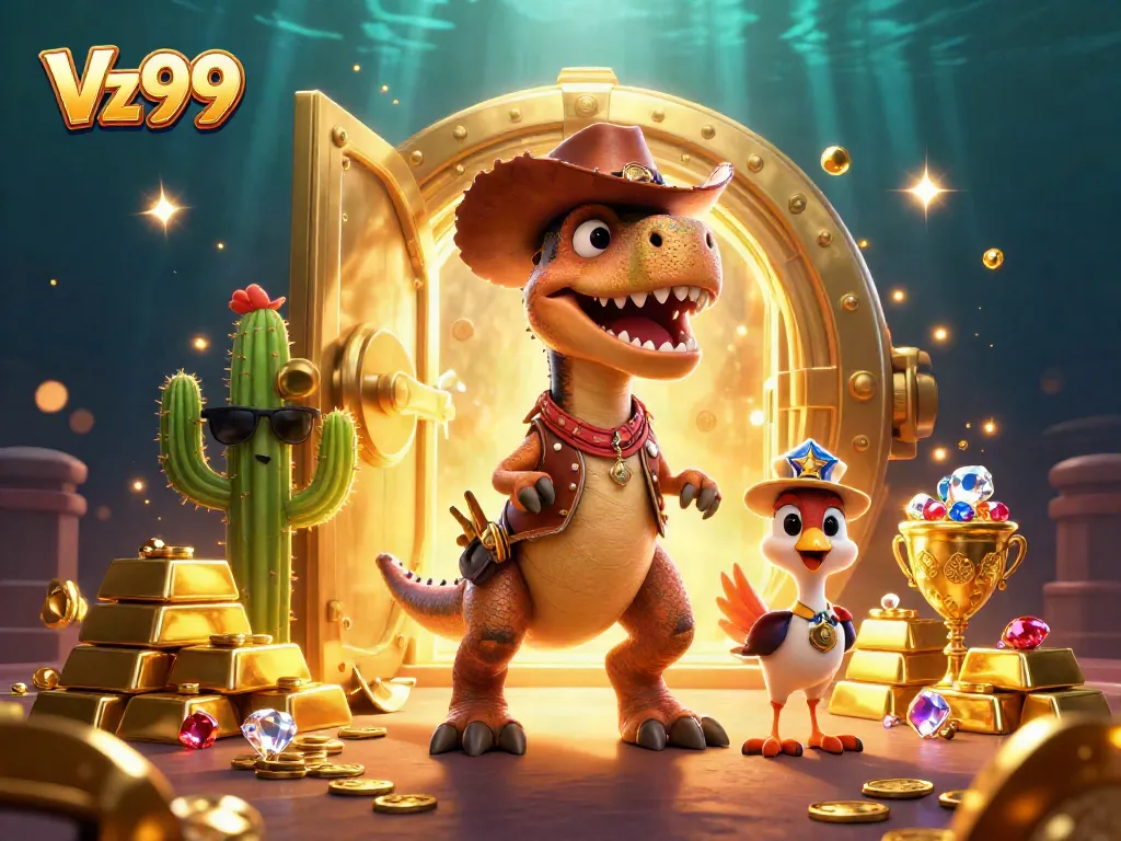 Experience the Vz99 casino excitement with a T-Rex, cactus, and roadrunner in a treasure-filled scene.