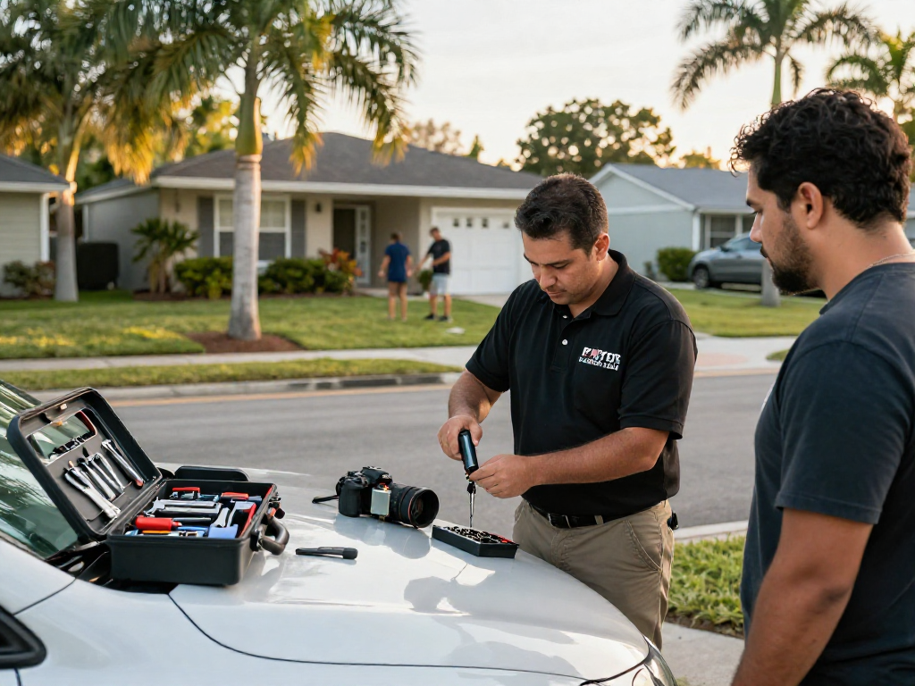 Lost car keys Port St. Lucie services by a local locksmith assisting a customer in a bright, suburban neighborhood.