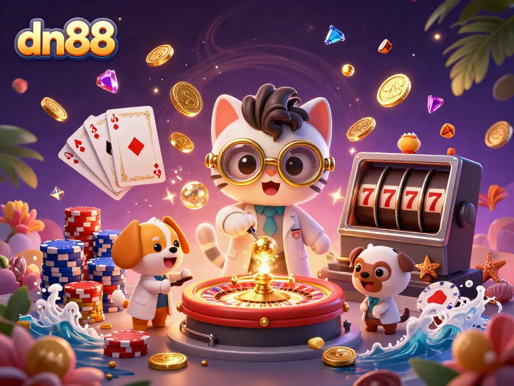 Engage with dn88's exciting online gaming world featuring golden coins, lively characters, and vibrant casino elements.