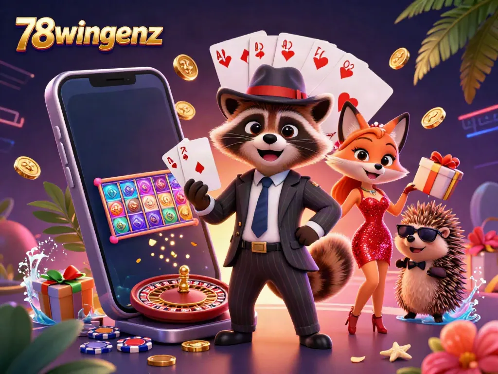 Experience thrilling casino action with 78wingenz as charming characters engage in games with dynamic gambling elements around them.