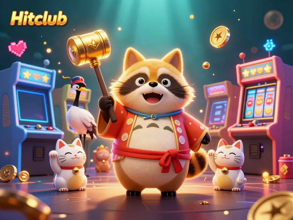 Hitclub features a cheerful raccoon holding a golden mallet with colorful slots and coins.