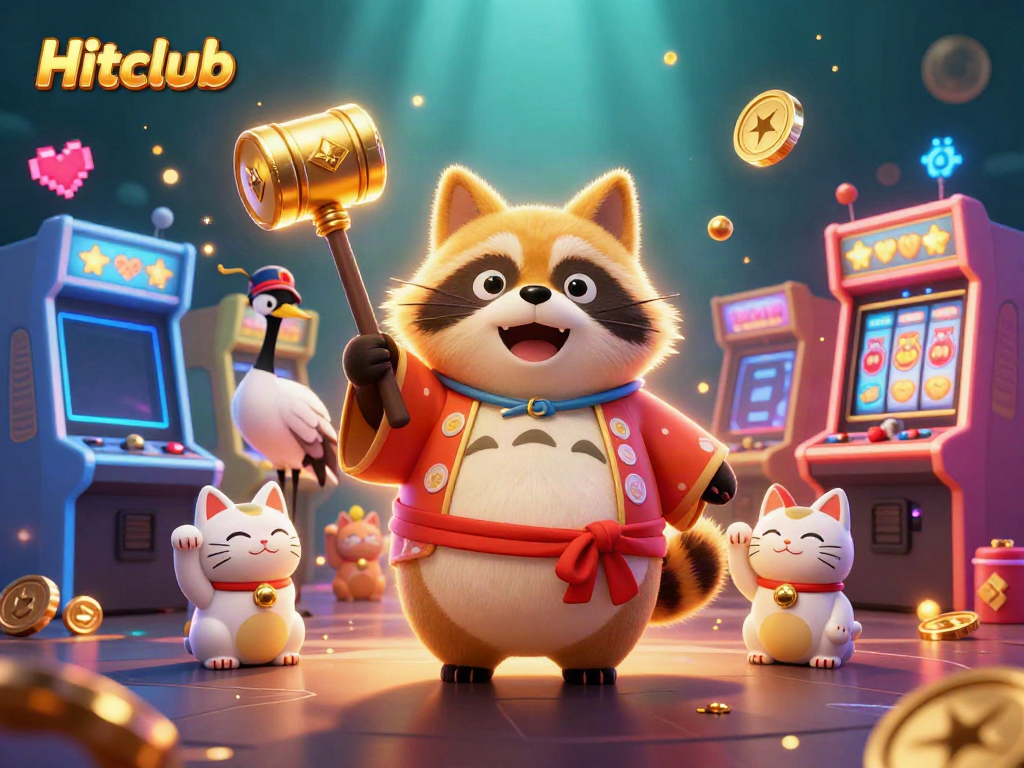 Hitclub features a cheerful raccoon holding a golden mallet with colorful slots and coins.