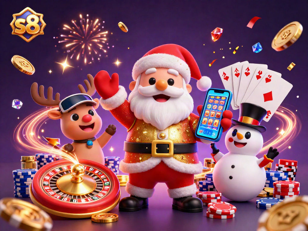 Experience vibrant action in s8 casino with Santa, reindeer, and snowman amidst games and treasures.