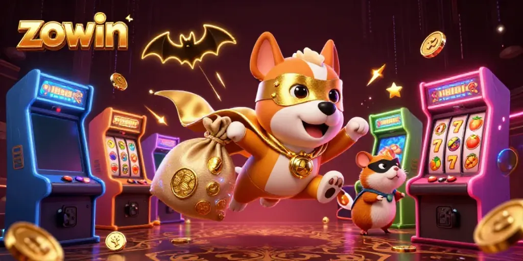 Zowin gaming scene with a superhero dog, sidekick hamster, slot machines, and casino elements.