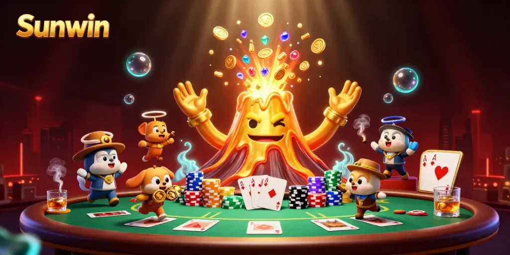 Experience excitement at Sunwin with treasures and poker elements in a vibrant illustration.