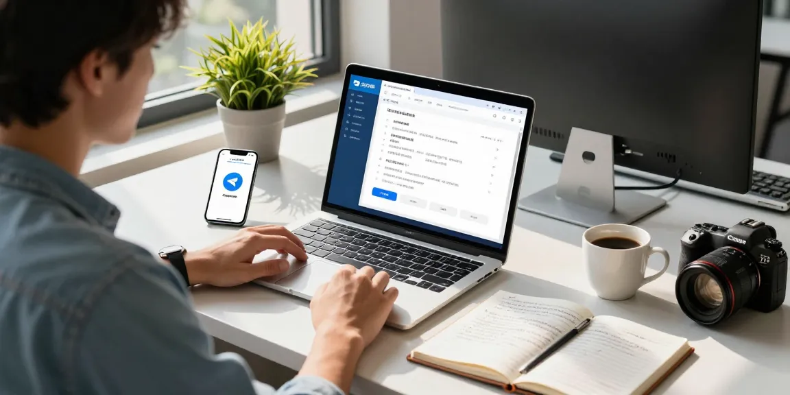 Configuring Telegram Chinese language settings on a modern workspace laptop with a user engaging with the interface and notes.