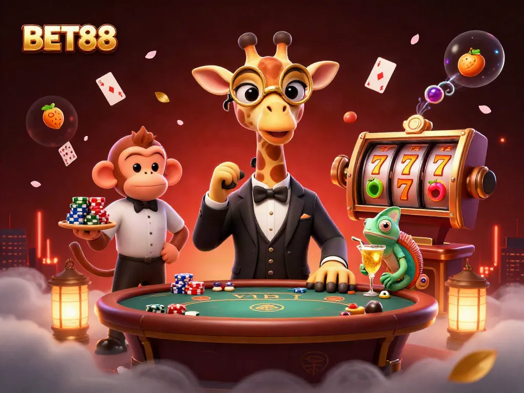 BET88 tạo nên một không gian cá cược đầy màu sắc với các biểu tượng slot, chi tiết sống động.