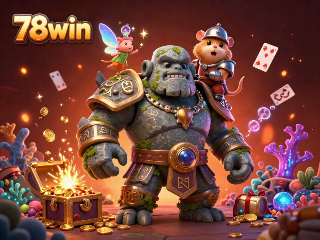 Immerse in the excitement of 78win with a golem guardian, tiny fairy, and hamster knight in a treasure explosion.