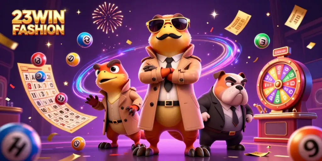 Join the excitement at 23WIN FASHION casino scene with raptors and dynamic lottery elements.