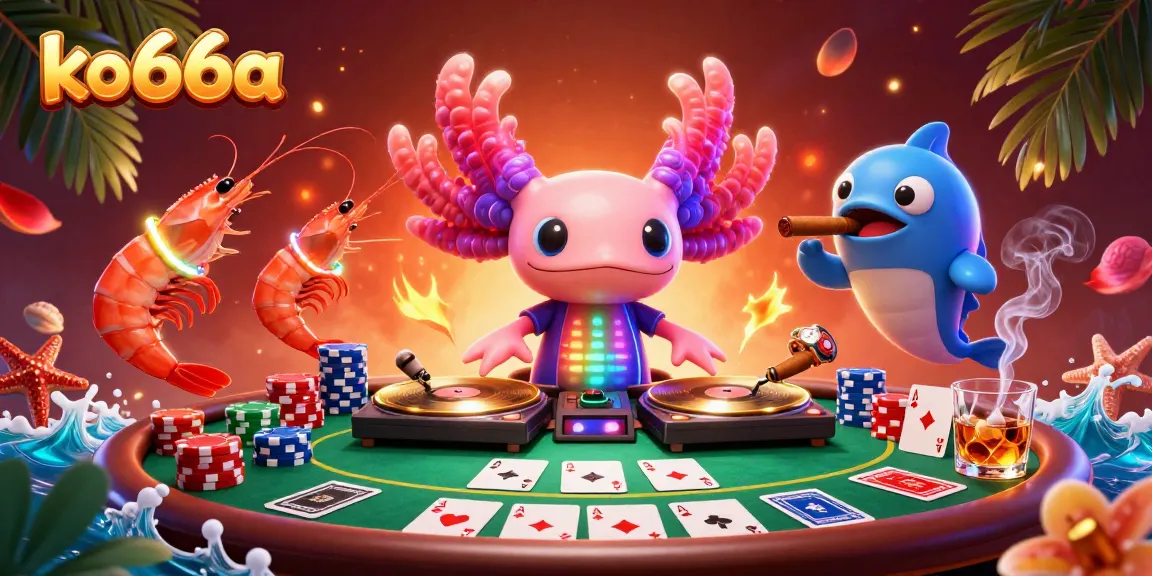 Experience the dynamic energy of a neon-colored axolotl DJ at ko66a, spinning records in an underwater casino.