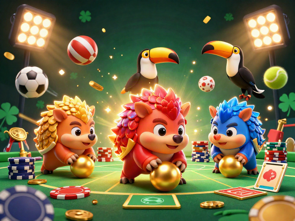 Experience thrilling games at SUNWIN with vibrant pangolins, poker chips, and golden sports elements.