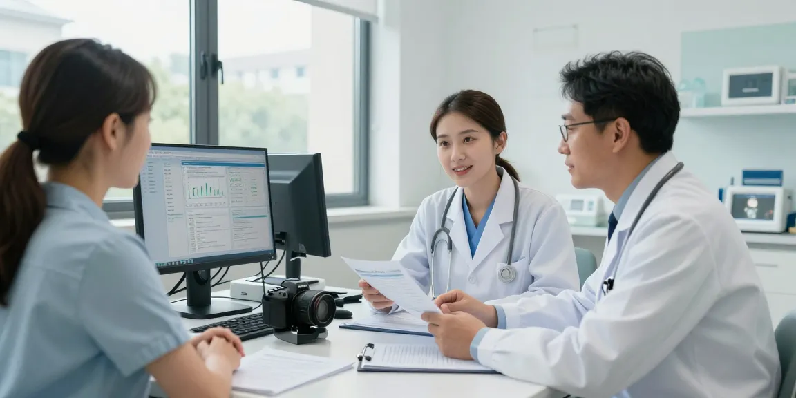 Datenschutz im Gesundheitswesen Arzt: Professionelle medizinische Umgebung mit Ärzten und Patientenakten.