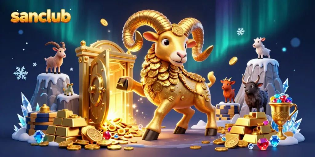 Experience the excitement of sanclub with a massive golden ram charging through a treasure-filled casino scene.