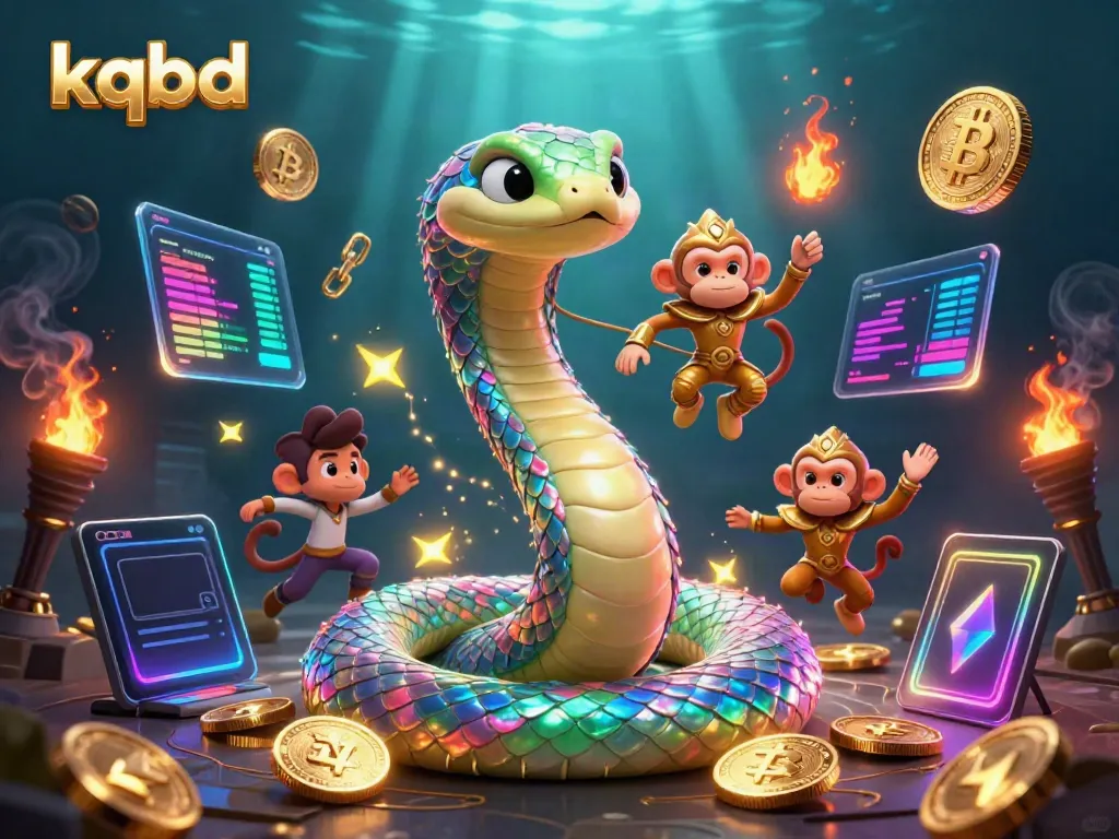 Users can enjoy kqbd with vibrant 3D visuals of colorful characters amidst lighting and crypto elements.