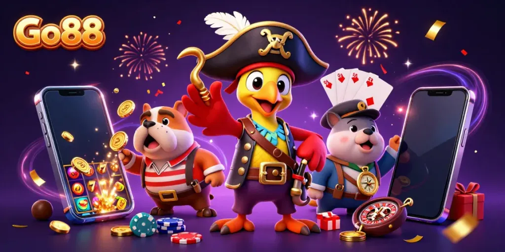 Win big with Go 88 as a pirate captain and crew gamble on colorful slots and cards.
