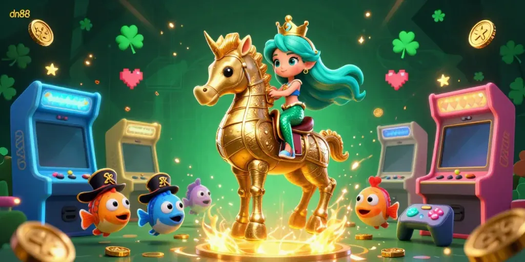 Join the vibrant dn88 gaming adventure with a magical mermaid and her seahorse in a dynamic casino scene.