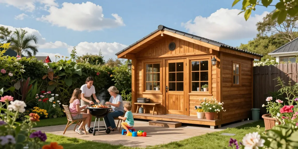 Attraktives Gartenhaus Holz umgeben von Blumen und spielenden Kindern im Sonnenschein.