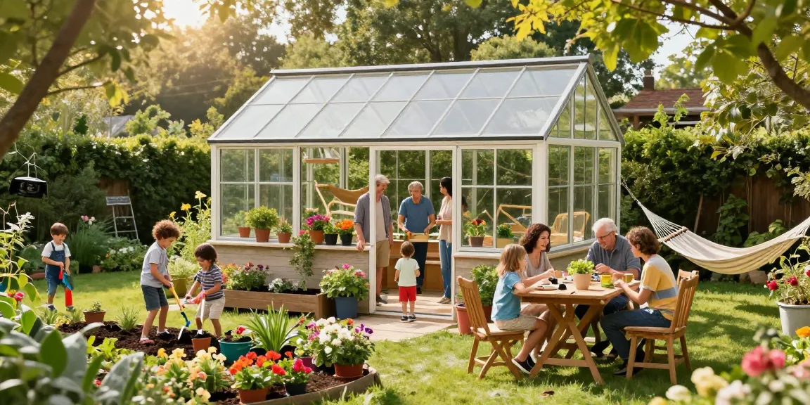 Gartenhaus im Garten mit Familie beim Pflanzen von Blumen und Gemüse.