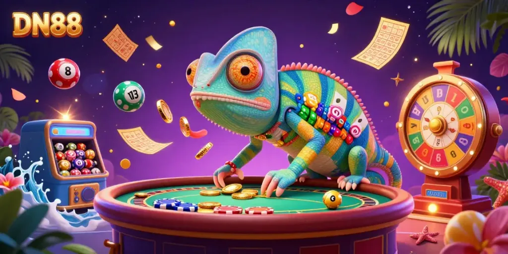 Dynamic DN88 chameleon casino scene with colorful lottery elements and vibrant gaming atmosphere.