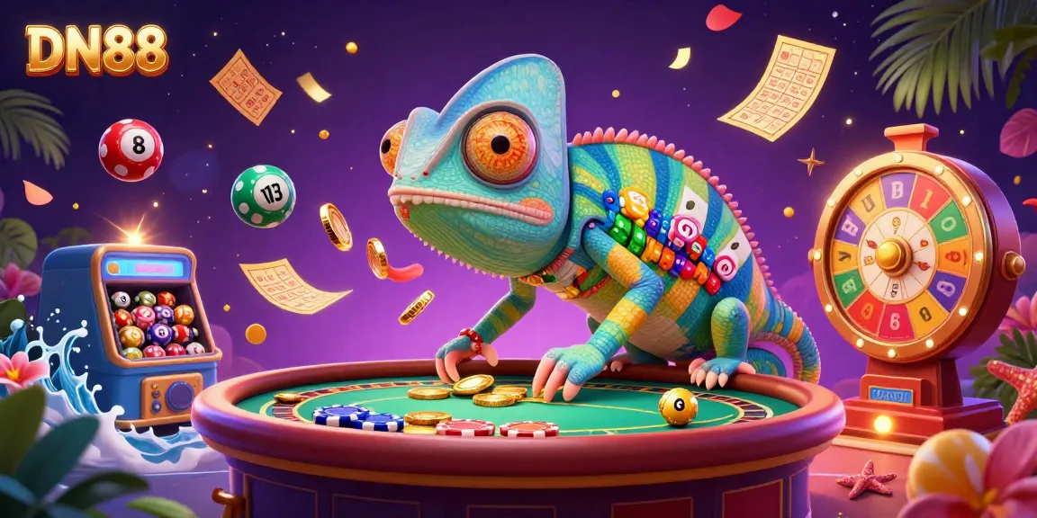 Dynamic DN88 chameleon casino scene with colorful lottery elements and vibrant gaming atmosphere.