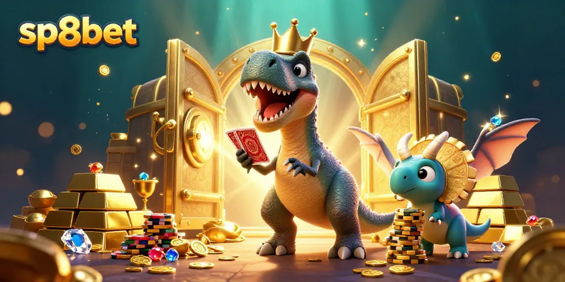 Experience the thrill of sp8bet with a lively scene of a T-Rex, pterodactyl, and triceratops engaging in a card game amidst a treasure-filled casino.