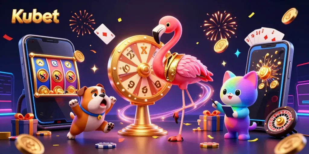 Experience thrilling gameplay at Kubet with a vibrant animated scene showcasing 3D characters and slot game elements.