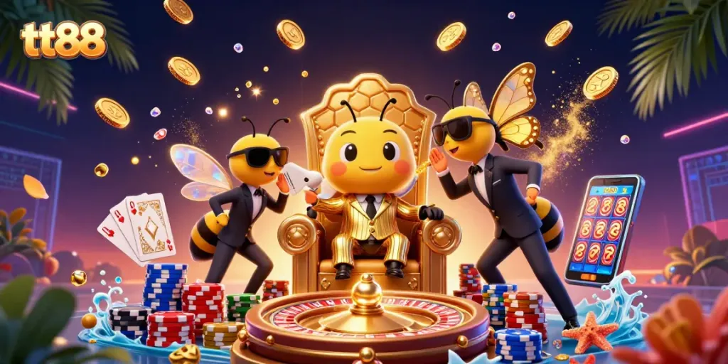Experience thrilling tt88 casino action with an entertaining 3D illustration featuring dynamic characters and gaming elements.