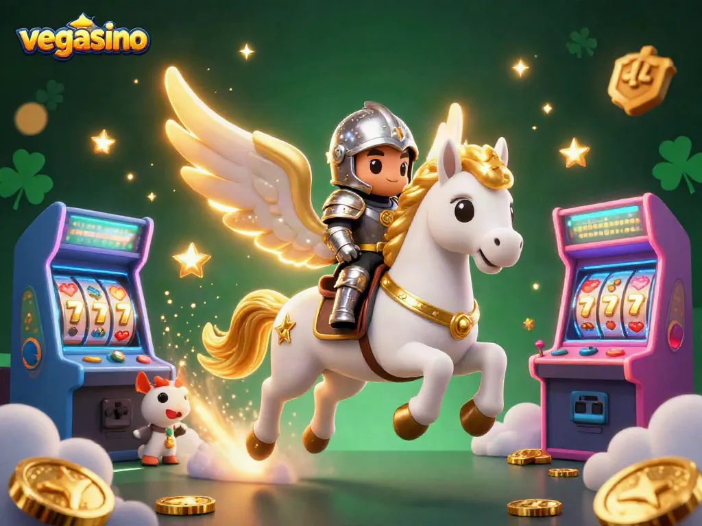 Experience the excitement of vegasino casino with a celestial knight and golden horse among colorful gaming elements.