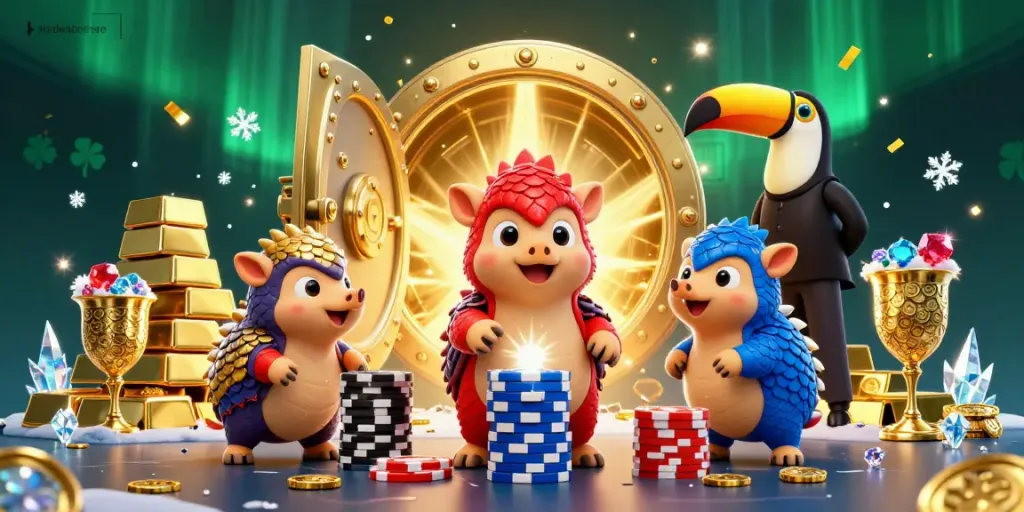 Watch rival pangolins compete in a vibrant banking-themed game, celebrating the nordencore-de experience.