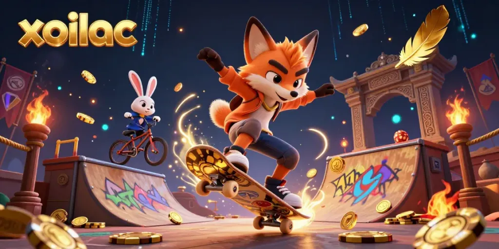 Xoilac-themed illustration depicting a fox skateboarder and rabbit BMX rider performing tricks amidst casino elements.