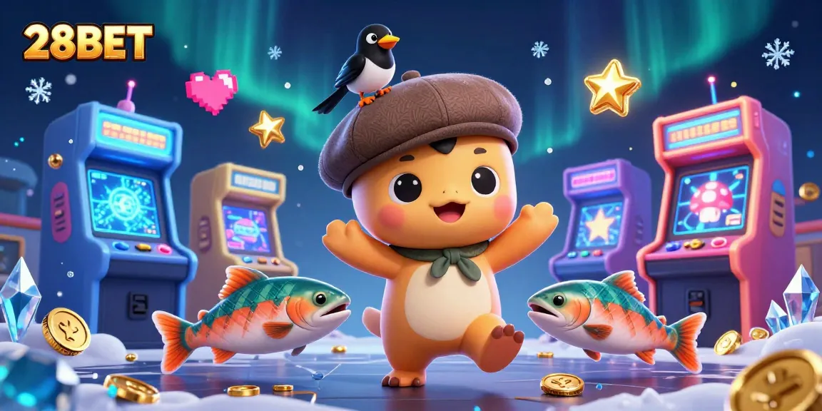 Engage in thrilling gameplay at 28BET with a playful cartoon scene filled with casino elements.