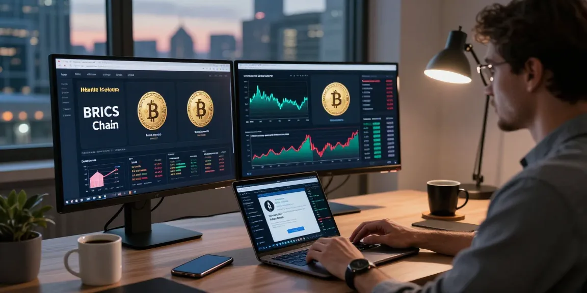 Engaged investor analyzing to buy in BRICS crypto in modern workspace with dual screens and crypto performance charts.