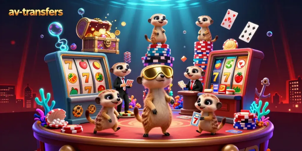 Engage with exciting gaming opportunities at av-transfers with lively meerkats illustrating casino action.