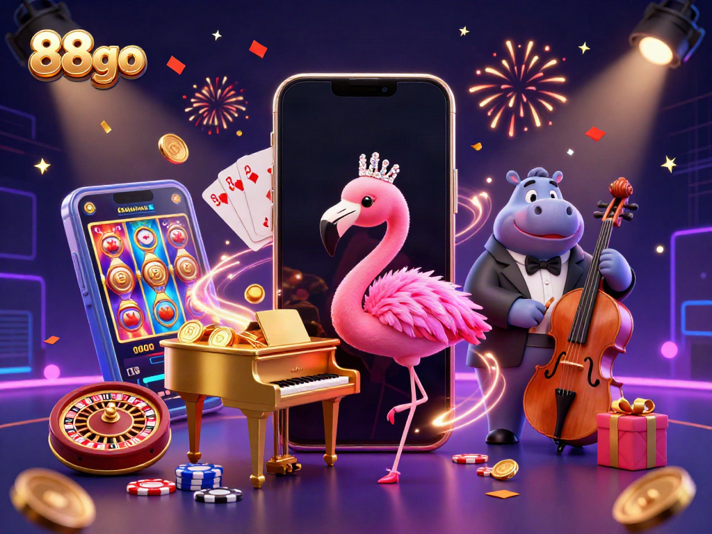 88go transforms casino excitement with a flamingo singer and hippo bassist in vibrant celebration.